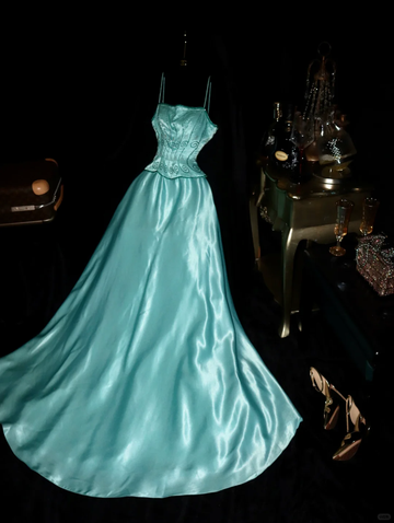 Stunning A Line Spaghetti Strap Beaded Blue Satin Long Prom Dress Party Dress HZ1023